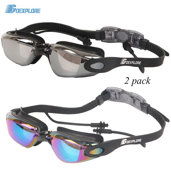 GoExplore 2 pcs natação óculos adulto anti-nevoeiro proteção UV Óculos impermeáveis ​​de natação com tampões de ouvido grátis homens mulheres esporte q0112