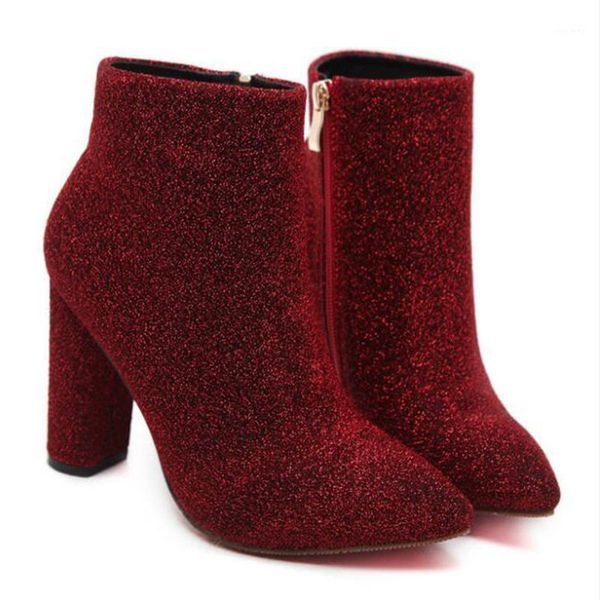 

2020 ladies leather boots ankle boots sequined fashion zipper thick high heels pointed toe winter women botas mujer sy8631, Black