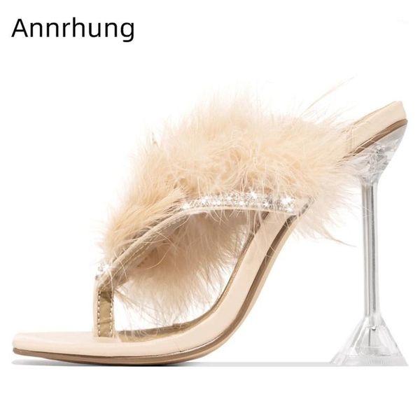 

slippers real fur feather flip flops clear crystal high goblet heel jeweled rhinestone decor summer runway women1, Black