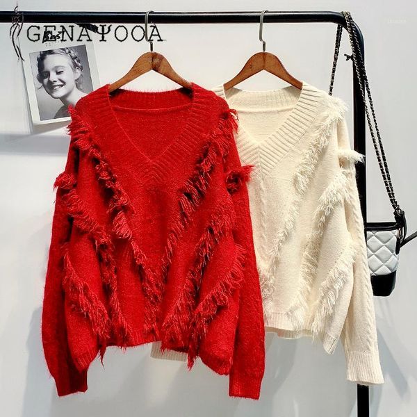 

genayooa loose knitted women sweaters and pullovers v neck sweater women winter sweater long sleeve tassel jumper ladies1, White;black
