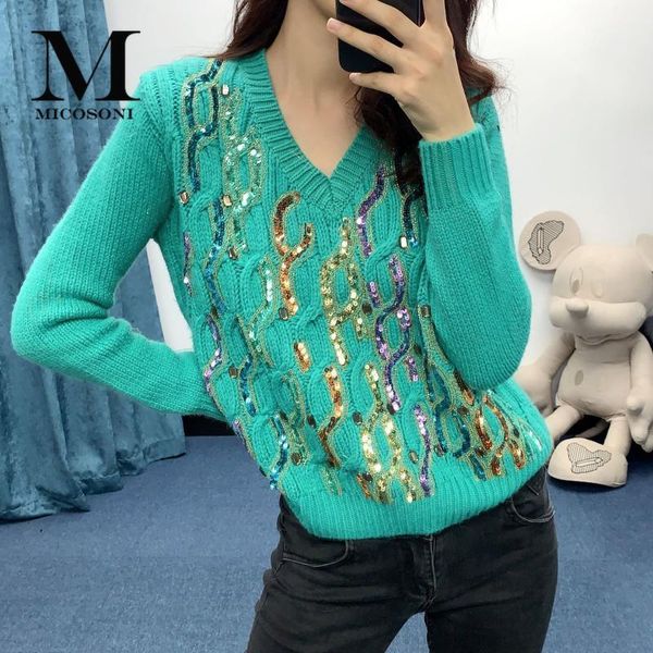 

high-end quality 2020 autumn and winter new affordable luxury brick knitted fashion v-neck long-sleeved green sweater1, White;black