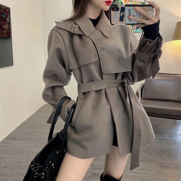 

2020 women fashion elegant double-sided woolen coat with sashes slime solid autumn winter coats and jackets manteau femme hiver1, Tan;black