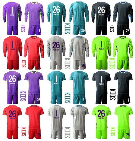 

kids long sleeve goalie 26 sven ulreich youth goalkeeper jersey set soccer manuel neuer oliver kahn maier pfaff football shirt kits b-r, Black