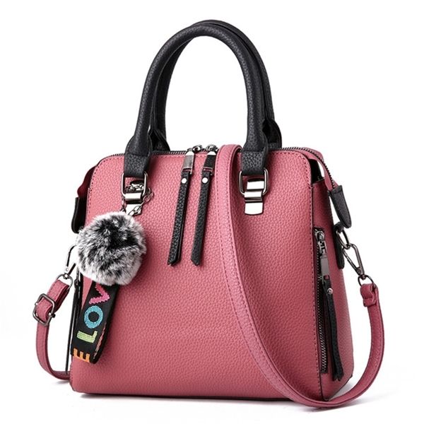 

smooza pu leather womens messenger fur ball crossbody flap female shoulder bag solid color handbags 2020 for women c1223