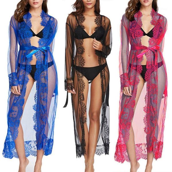 

women's lace robe mesh sheer nightwear sleepwear long sleeves waist lace-up robes ladies see-through sleepwear1, Black;red