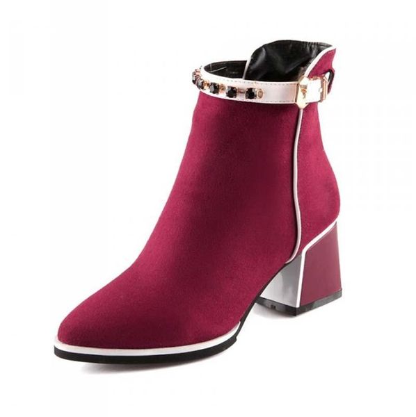 

boots flock pointed toe high square heel black blue red warm winter women platform
