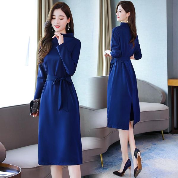 

2021 spring autumn office lady solid dress women's long sleeve o-neck party dresses, Black;gray