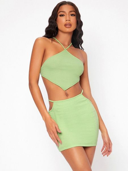 

tall criss cross backless halter & cut out skirt a1ph#, White