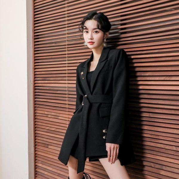 

nijiuding black suit jacket female 2020 autumn fashion french design sense was thin one buckle temperament small suit blazers1, White;black