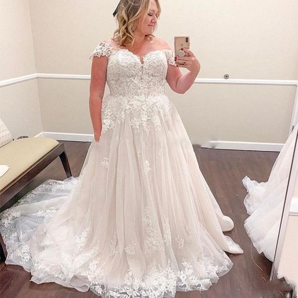 

2021 lace plus size wedding dresses tulle applique off the shoulder a line beach bridal gowns sale outdoor marriage dresses, White