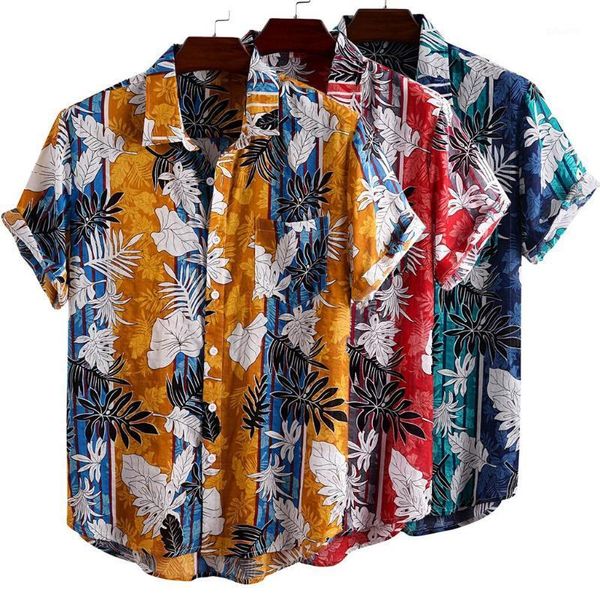 

cotton+rayon mens printed turn down collar short sleeve casual shirts hawaii beach casual shirt male leaf print man summer 20201, White;black