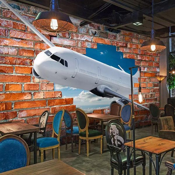 

wallpapers custom mural po wallpaper for walls 3d stereoscopic aircraft breaking wall art painting red brick background