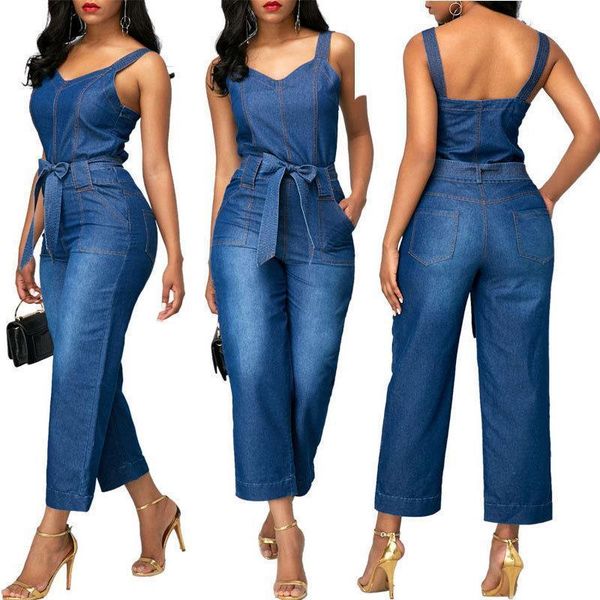 

women's new suspender bow denim jumpsuit, Blue