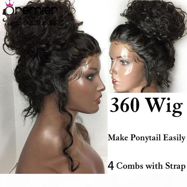 

premier lace wigs 360 lace frontal wigs indian remy hair body wave pre-plucked bleached knots 150% density human lace wigs, Black;brown