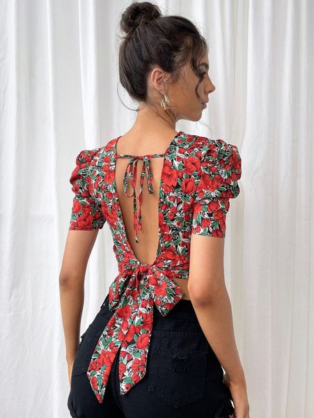 

floral puff sleeve tie backless y2zw#, White