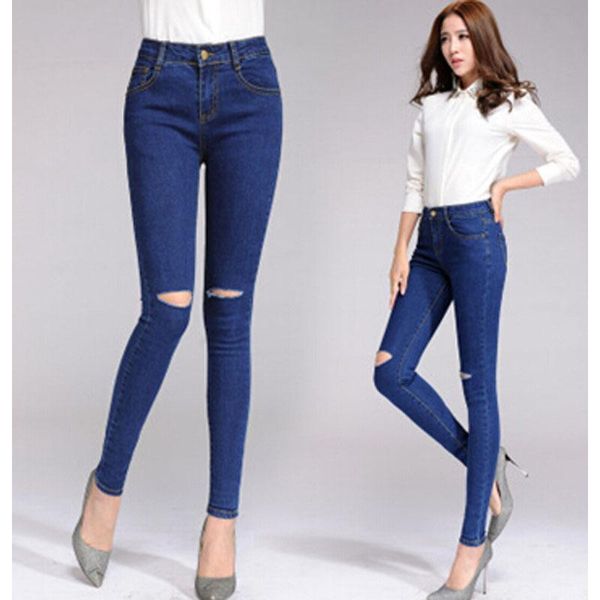 

women's jeans wholesale denim pants women big hole ripped trousers vintage spring summer capris pencil pantalones dl1775, Blue