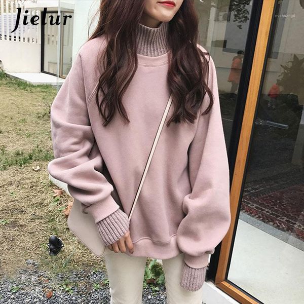 

korean style oversized hoodies female winter false two pieces turtleneck women's sweatshirt loose thick fleece pullovers1, Black