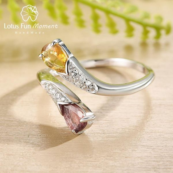 

cluster rings lotus fun natural tourmaline gemstone vintage luxury waterdrop shape ring real 925 sterling silver fine jewelry for women, Golden;silver
