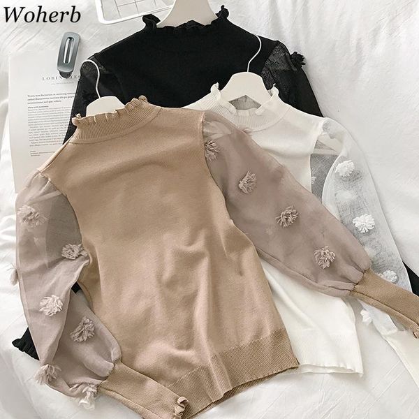 

woherb gauze patchwork thin sweater women half turtleneck lantern sleeve pullovers jumpers 3d flower fashion knitwear 913601, White;black