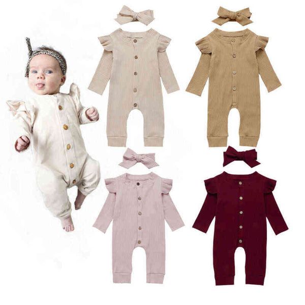 Pudcoco US Stock 2PCS Baby Mädchen Jungen Baumwolle Kleidung Schulterfrei Gestrickter Strampler Langarm Overall Solide Baumwolle Sunsuit Outfit G220223