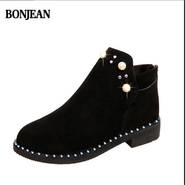 

bonjean fashion women martin boots осень зимние струнные бусы сапоги классические молния снежные лодыжки зима замша теплые женские туфли, Black