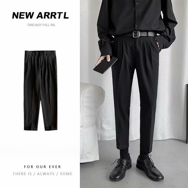 

2021 casual draped men's straight -autumn korean style single-handed cigarette plied civvies small gray pants u58a, Black
