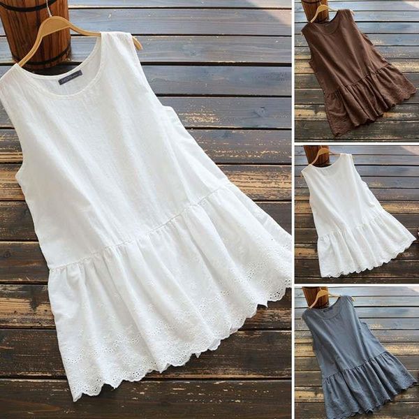 

kaftan summer blouse womens sleeveless shirts 2021 zanzea casual lace 100% cotton patchwork blusas female solid plus size tunic 5xl, White