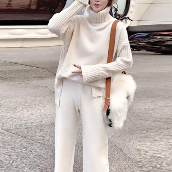 

women winter knitting sweater and wide-legged pants suit two-piece new 2021 cashmere oversize sweater western style suit, Gray