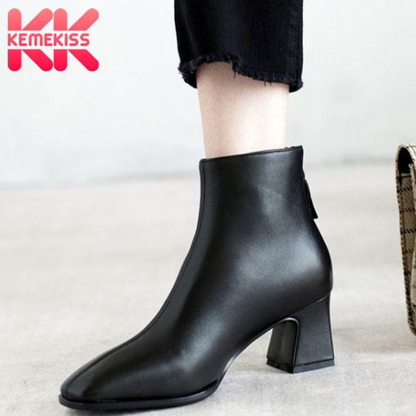 

kemekiss women high heel winter boots fashion real leather women ankle boots thick heel elegant party shoes size 34-39, Black