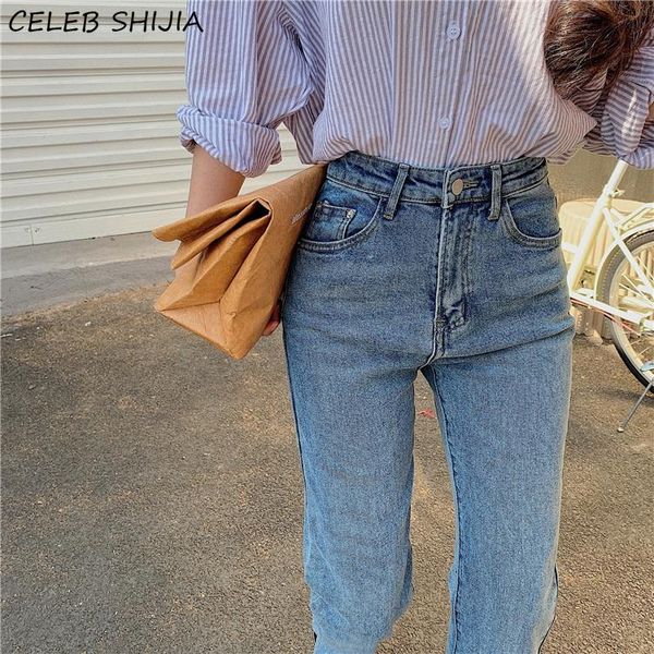

shijia vintage jeans woman high waist chic boyfriend style long y2k split jeans mom light blue denim female trouser 2021 spring