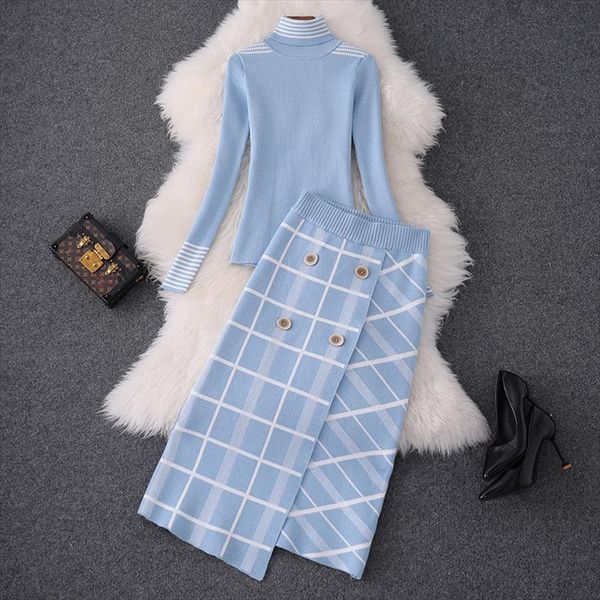 

elegant women sweater skirt 2 piece set 2021 new fashion autumn winter high neck knitted plaid lady skirt suit set tz157, Gray