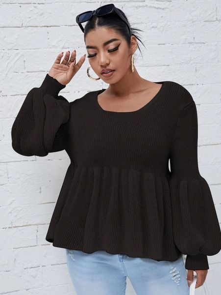 

plus bishop sleeve peplum sweater u6w3#, Black