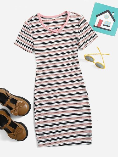 

teen girls striped bow neck fitted dress she, Red;yellow