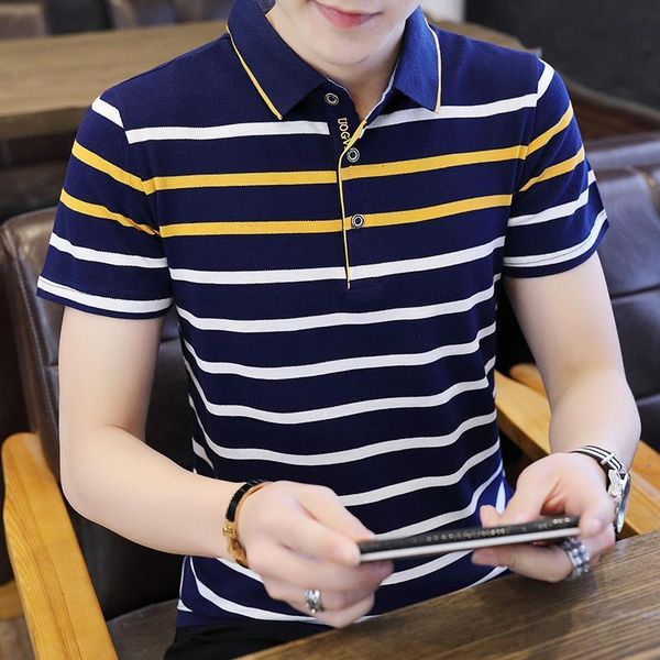 

summer short-sleeved polo shirts man 2021 business fashion mens cotton strip polo shirt quality breathable tees polo hombre, White;black