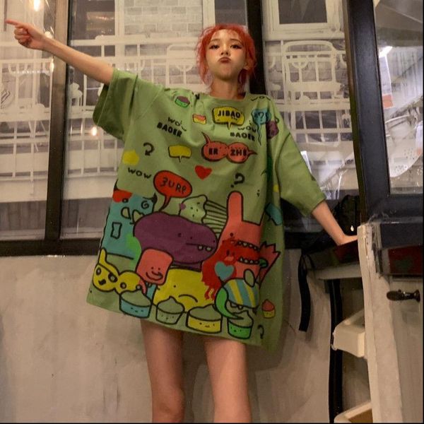 

kawaii summer t shirt women tshirt o neck cartoon printing loose casual tees women girl short sleeve tees clothes, White
