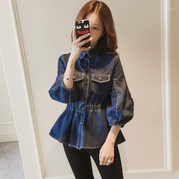 

spring and autumn women's clothing deng long xiu ruffle on clothes waist short denim washing loose coat priming blouse1, Black;brown