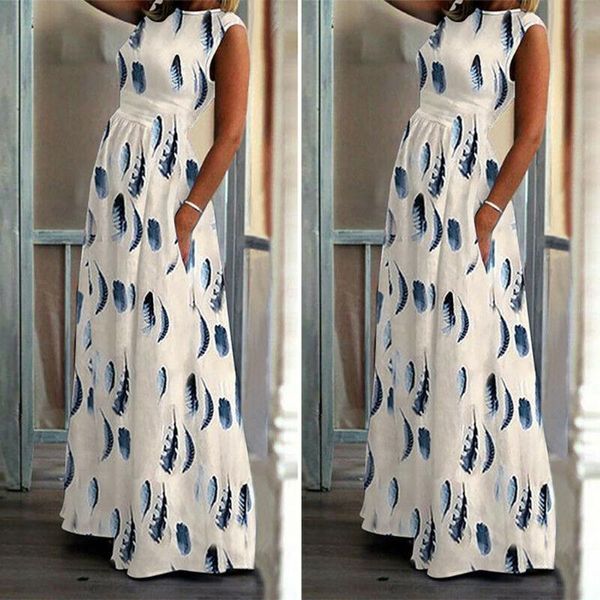 

casual dresses dress autumn fashion women's ladies feather print sleeveless pocket ankle length long maxi wholesale ship, Black;gray