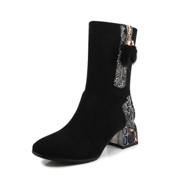 

boots autumn and winter genuine fur women's comfortable shallow mouth round toe zipper simple sweet wild, Black