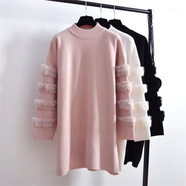 

women spring fur sleeve turtleneck long sweater warm long-sleeve knit jumpers cashmere casual pullovers1, White;black