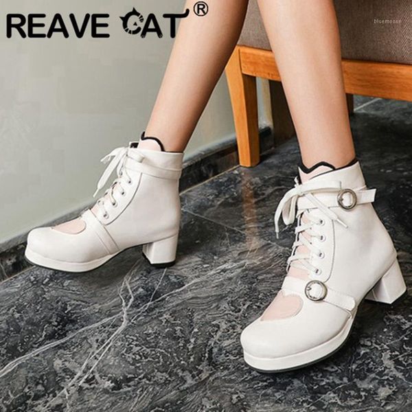 

reave cat new ladies ankle boots cute princess lolita round toe 5cm square heels heart lace-up buckle zip big size 30-48 a32951, Black