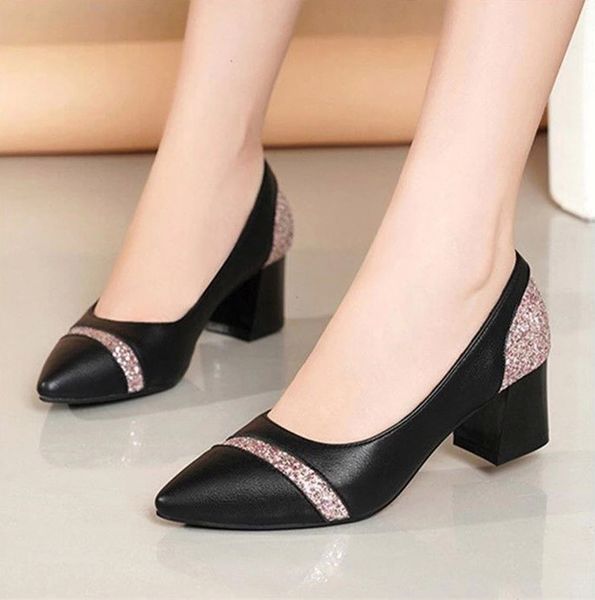 

6cm high heels dress shoes woman bling pumps ol office lady shoes square heeled boat spring autumn zapatos mujer 8782n #3s1p, Black