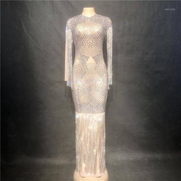 

women's diamond crystals chains mesh perspective dress evening party long dresses birthday celebrate dress singer performance1, Black;red