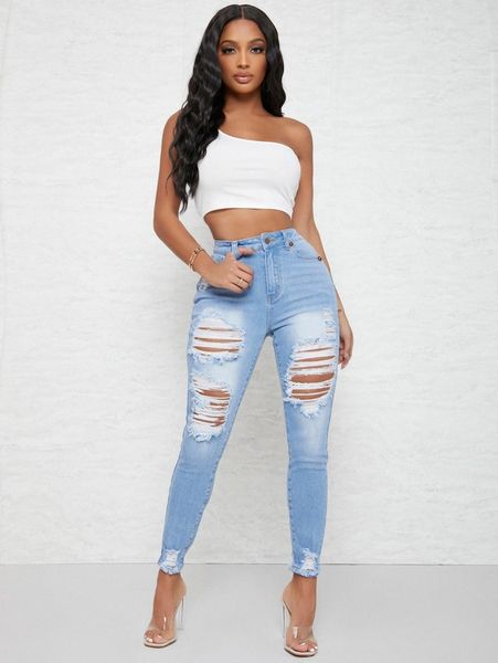 

sxy curvy high waist ripped skinny jeans w4ut#, Blue