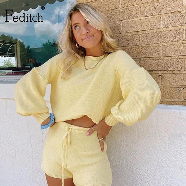 

feditch solid two piece set women 2020 summer pink knit crop and shorts o neck tracksuit long sleeve casual outfit1, Gray