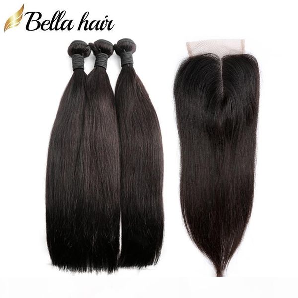 

brazilian virgin hair bundles with lace closures 4x4 lace closure middle part and hair wefts extensions natural color 4pcs bella hair, Black