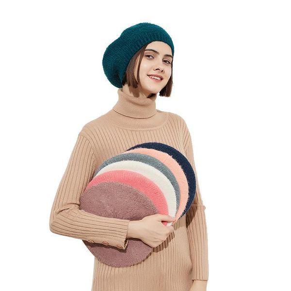 

berets autumn winter women french beret classic solid color hat warm knitting chic beanie female walking cap, Blue;gray