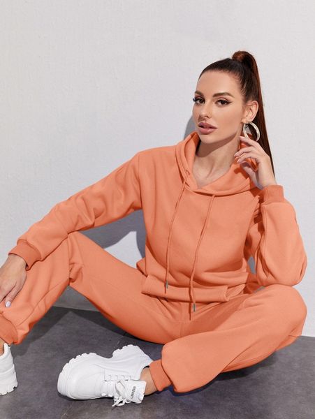 

drawstring drop shoulder thermal lined hoodie & sweatpants v5dd#, White