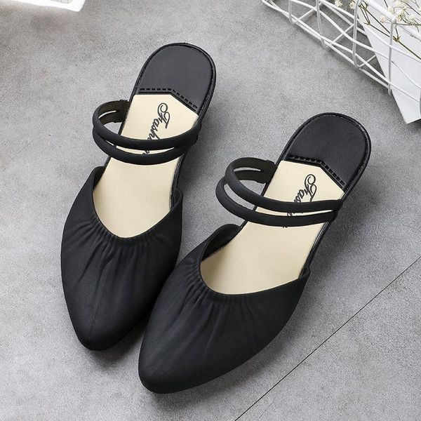 

slippers korean style casual sandals and with pointed toe flat bottom, Black