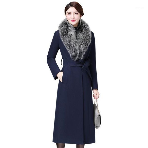 

2020 winter women woolen coat elegant long wool coat fur collar warm female jacket plus size 5xl casaco feminino p2041, Black