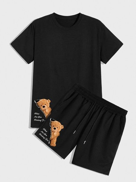 

romwe guys slogan cartoon bear graphic tee & drawstring shorts 42so#, Gray